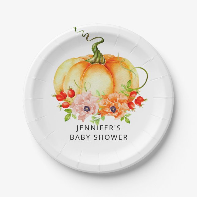 Watercolor pumpkin fall baby shower  paper plate (Front)