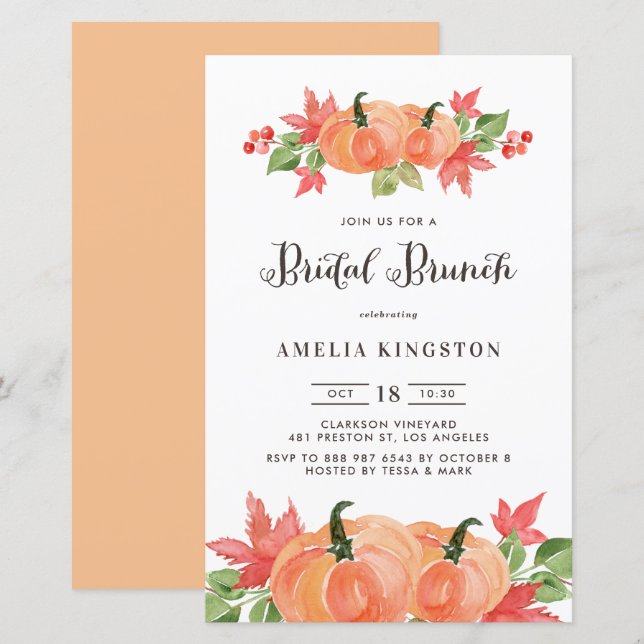 Watercolor Pumpkin Fall Bridal Brunch Invitatation (Front/Back)