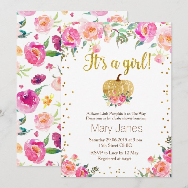 Watercolor Pumpkin Fall Girl Baby Shower Invitation (Front/Back)