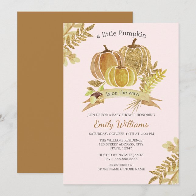 Watercolor Pumpkin Fall Pink Baby Shower Card (Front/Back)