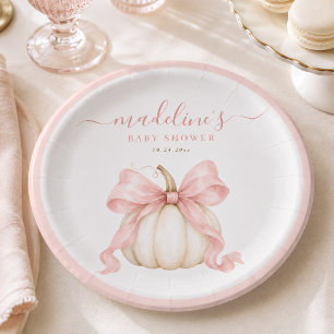 Watercolor Pumpkin Fall Pink Bow Baby Girl Shower Paper Plate