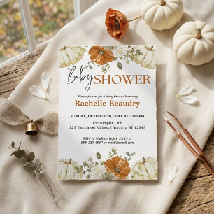 Watercolor Pumpkin Floral Border Autumn Baby Showe Invitation