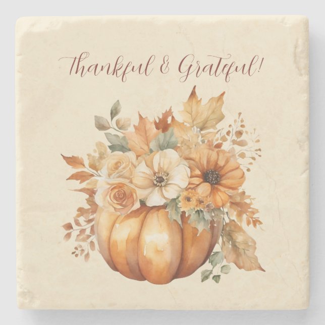 Watercolor Pumpkin Floral Design- Stone Coaster (Front)