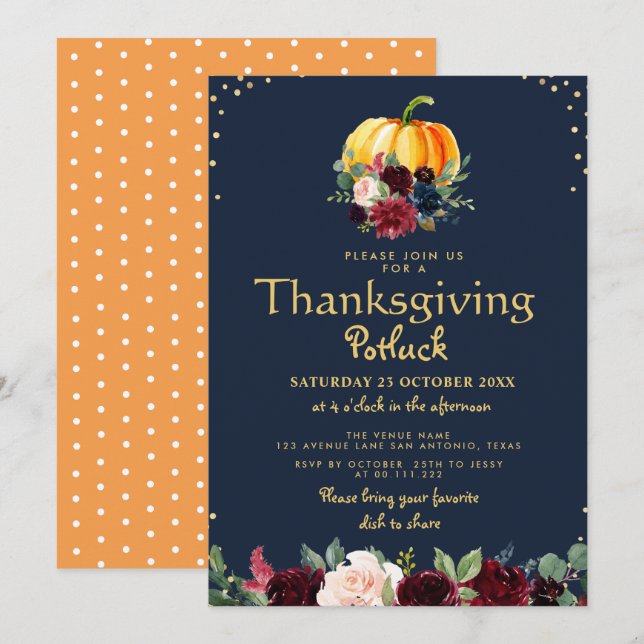 Watercolor pumpkin floral thanksgiving potluck invitation (Front/Back)