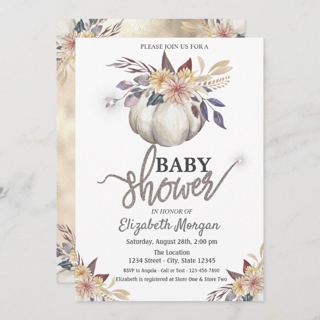Watercolor Pumpkin Flowers Baby Shower Invitation (Front/Back)