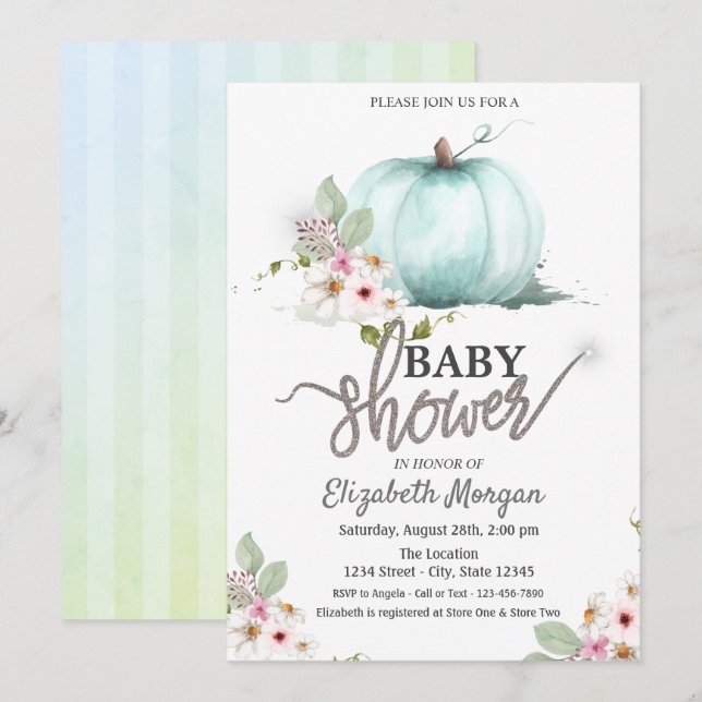 Watercolor Pumpkin Flowers Striped Baby Shower  Invitation (Front/Back)