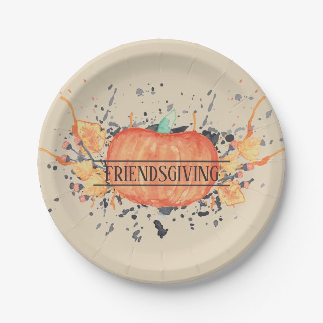 Watercolor Pumpkin Friendsgiving Paper Plate (Front)