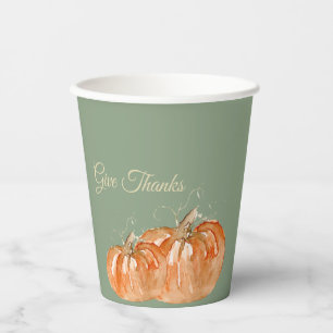 Watercolor Pumpkin "Give Thanks" (Personalizable) Paper Cups