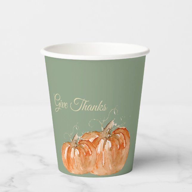 Watercolor Pumpkin "Give Thanks" (Personalizable) Paper Cups (Front)