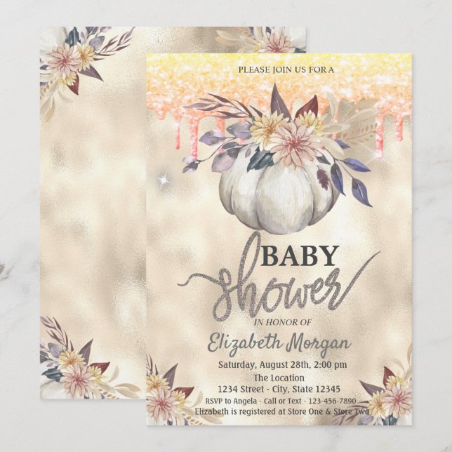 Watercolor Pumpkin Glitter Drips Baby Shower Invitation (Front/Back)