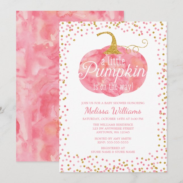 Watercolor Pumpkin Glitter Fall Girl Baby Shower Invitation (Front/Back)