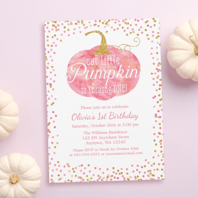 Watercolor Pumpkin Glitter Girl First Birthday Invitation (Creator Uploaded)