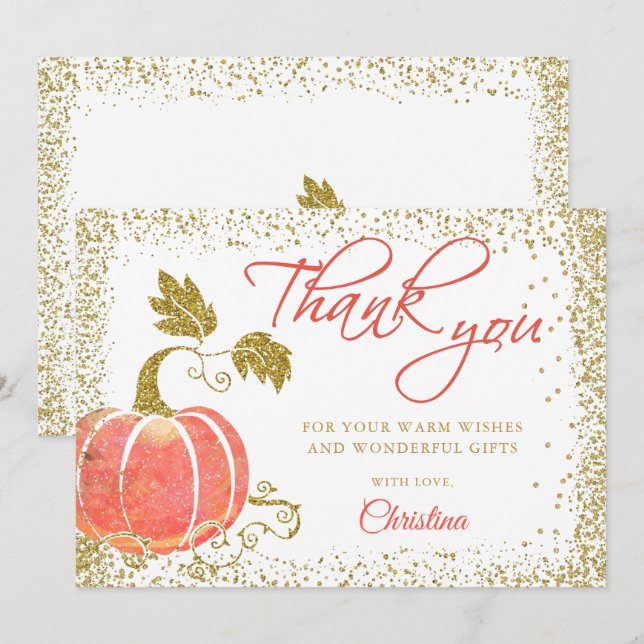 Watercolor Pumpkin Gold Glitter Fall Thank You Card (Front/Back)