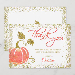 Watercolor Pumpkin Gold Glitter Fall Thank You Card