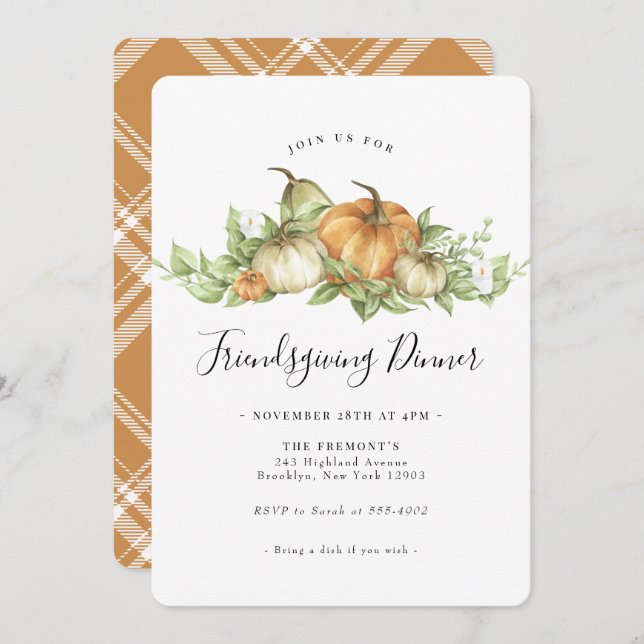 Watercolor Pumpkin Gourd Greenery Friendsgiving Invitation (Front/Back)