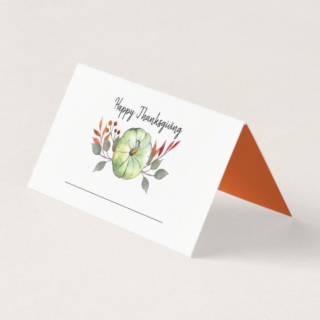  Watercolor Pumpkin green Thanksgiving place card (Front)