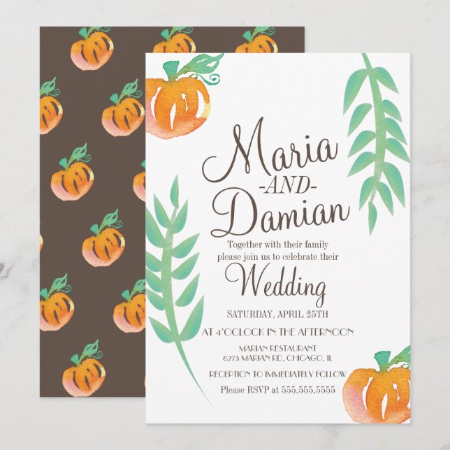 Watercolor Pumpkin Illustration Green Fall Wedding Invitation (Front/Back)
