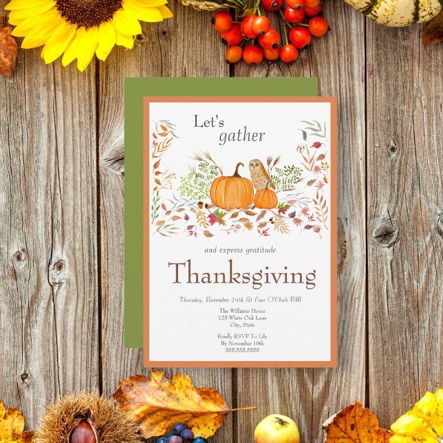 Watercolor Pumpkin & Owl In Autumn Thanksgiving Invitation (Watercolor of Thanksgiving pumpkin and owl for your family invitation. )