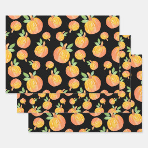 Watercolor Pumpkin Pattern Black Background Wrapping Paper Sheet