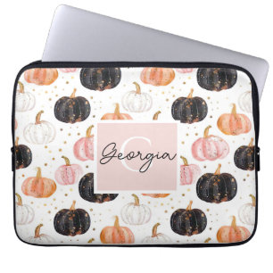 Watercolor Pumpkin pattern with name Laptop Sleeve