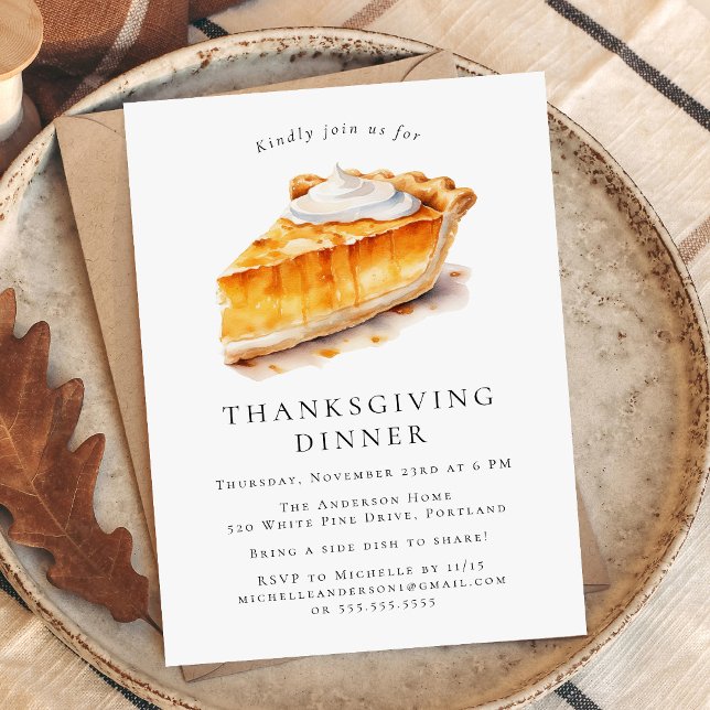 Watercolor Pumpkin Pie Thanksgiving Dinner Invitation (Creator Uploaded)