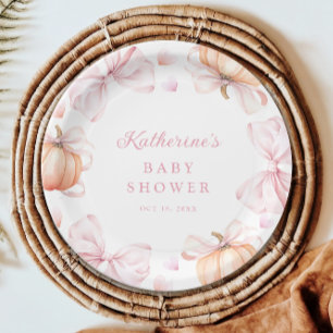 Watercolor Pumpkin Pink Bow Baby Shower Paper Plate