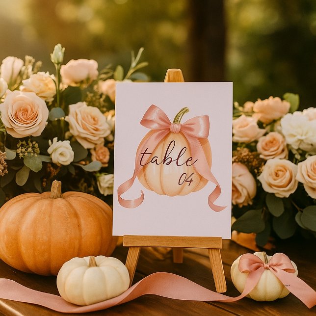 Watercolor Pumpkin Pink Bow Table number Sign  (Creator Uploaded)