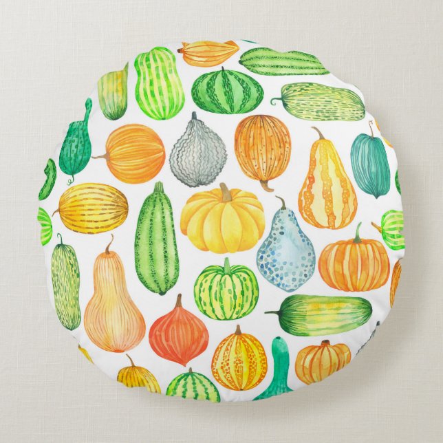 Watercolor pumpkin, squash seamless pattern round pillow (Front)