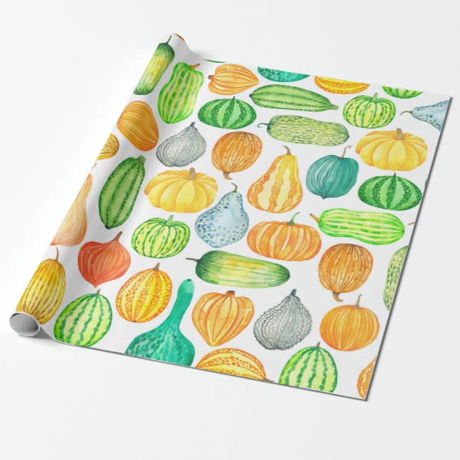 Watercolor pumpkin, squash seamless pattern wrapping paper (Unrolled)
