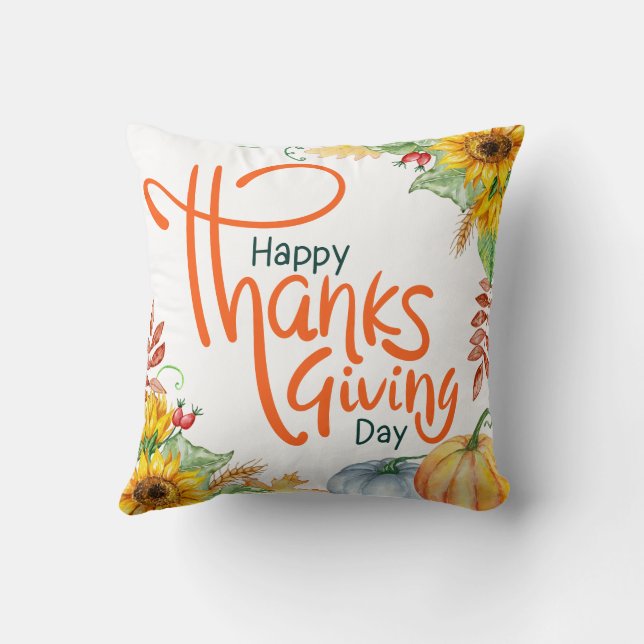 Watercolor Pumpkin Sunflower Happy thanksgiving  Throw Pillow (Back)