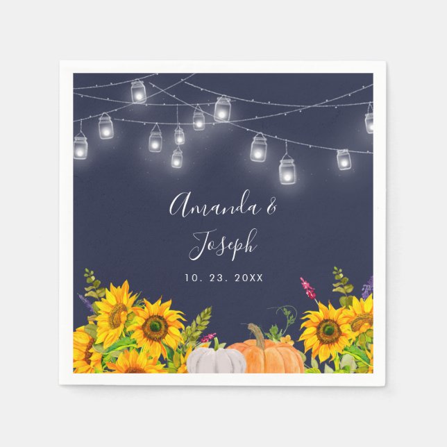 Watercolor Pumpkin & Sunflower Rustic Wedding Napkin (Front)