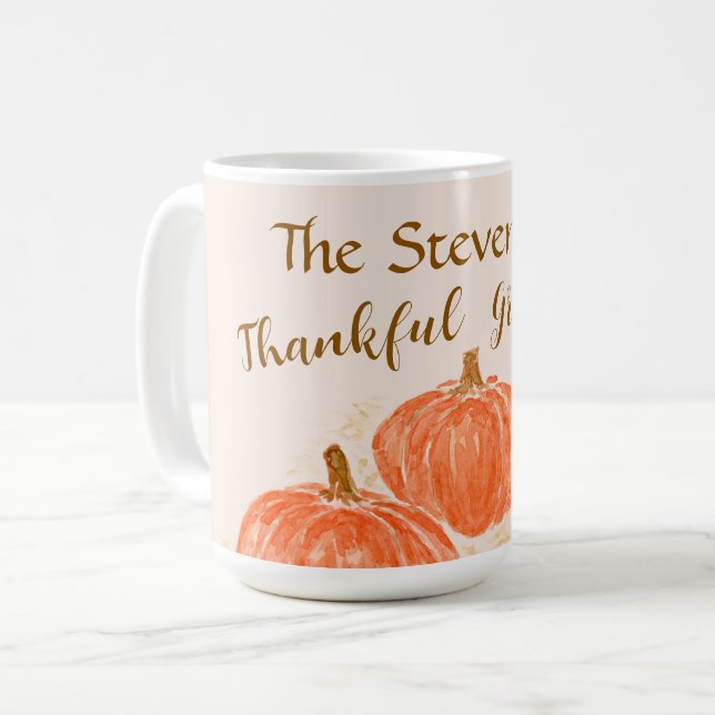 Watercolor Pumpkin Thankful PERSONALIZE Coffee Mug (Front Left)
