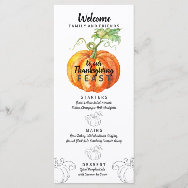 Watercolor Pumpkin Thanksgiving Design Menu (Front)