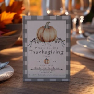 Watercolor Pumpkin Thanksgiving Dinner Gray Invitation