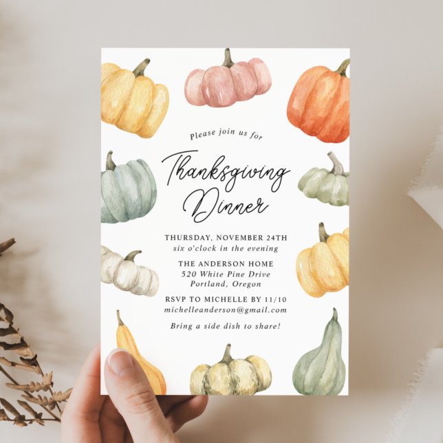 Watercolor Pumpkin Thanksgiving Dinner Invitation (Creator Uploaded)