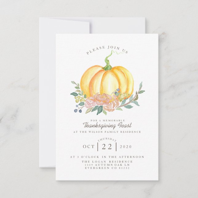 Watercolor Pumpkin | Thanksgiving Feast Invitation (Front)