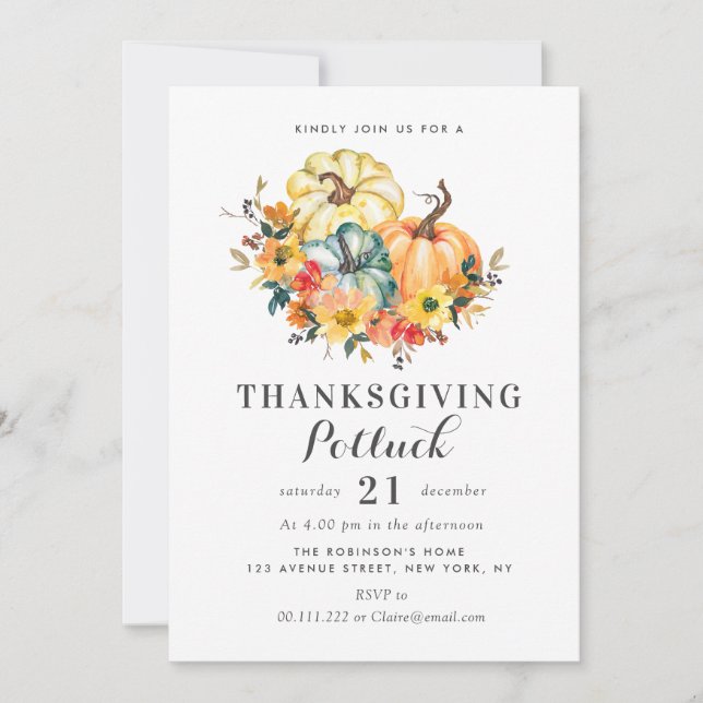 watercolor pumpkin thanksgiving potluck invitation (Front)
