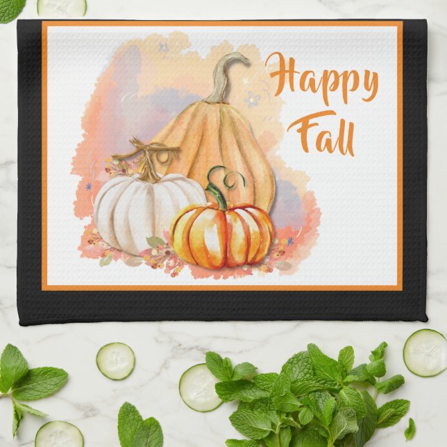 Watercolor Pumpkin Trio Happy Fall Kitchen Towel (Folded)