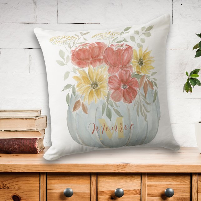 Watercolor Pumpkin with Fall Foliage Bouquet Throw Pillow (Creator Uploaded)