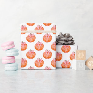Watercolor Pumpkin with Pink Bow Pattern Wrapping Paper