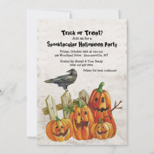 Watercolor Pumpkins and Crow Halloween Invitation