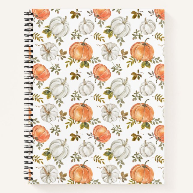 Watercolor Pumpkins and Foliage Autumn Pattern Notebook (Front)