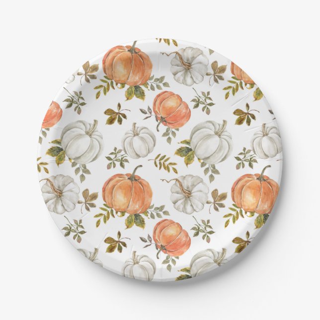 Watercolor Pumpkins and Foliage Autumn Pattern Paper Plate (Front)
