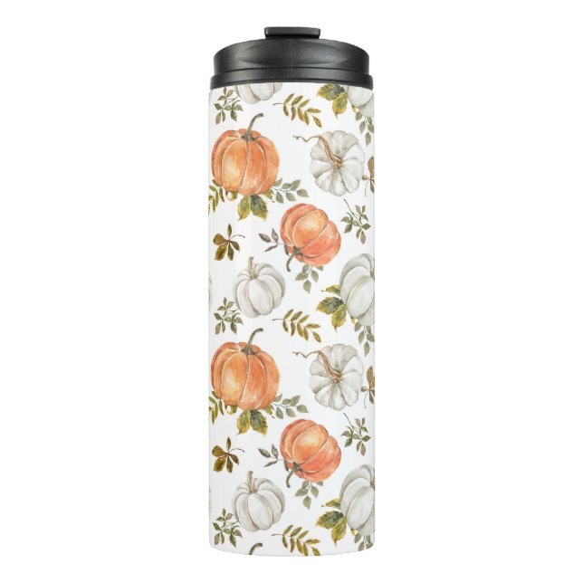Watercolor Pumpkins and Foliage Autumn Pattern Thermal Tumbler (Front)