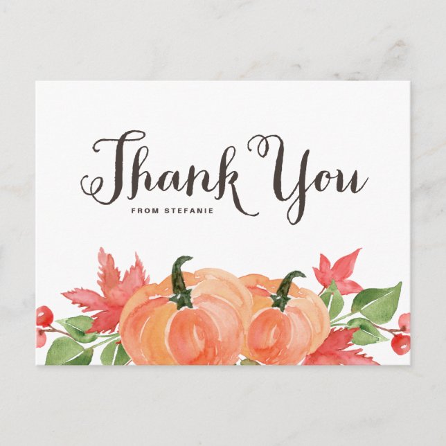Watercolor Pumpkins and Maple Leaves Thank You Postcard (Front)