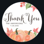 Watercolor Pumpkins and Maple Leaves Wedding Classic Round Sticker<br><div class="desc">Send thanks to your guests with these customizable thank you stickers. It features watercolour pumpkins and maple leaves. Personalize by adding your details. This pumpkin thank you sticker is perfect for fall weddings,  baby showers,  bridal showers,  birthdays and more.</div>