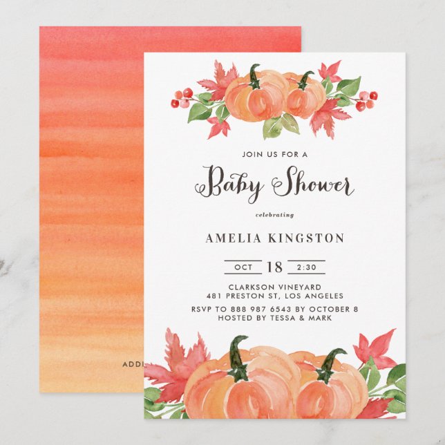 Watercolor Pumpkins Autumn Baby Shower Invitation (Front/Back)
