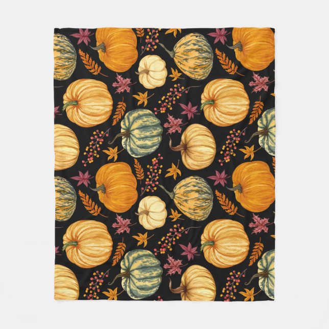 Watercolor Pumpkins: Autumn Seamless Pattern. Fleece Blanket (Front)