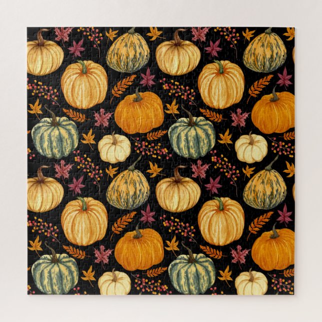 Watercolor Pumpkins: Autumn Seamless Pattern. Jigsaw Puzzle (Vertical)