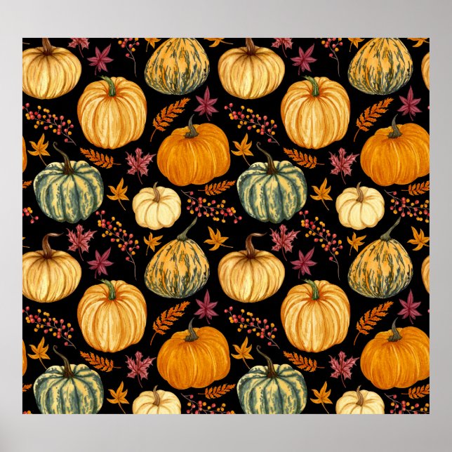 Watercolor Pumpkins: Autumn Seamless Pattern. Poster (Front)